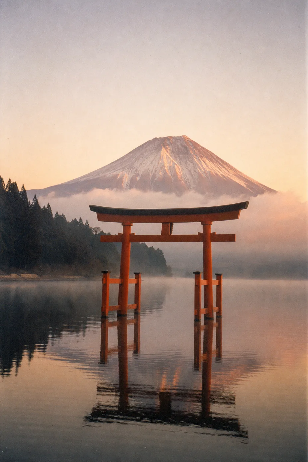 A vermilion torii standing in a still lake below a snow-capped cone