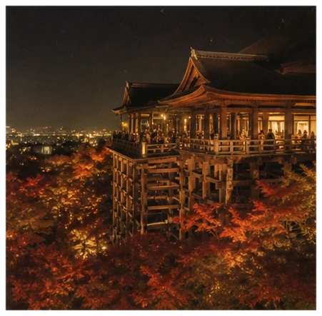 A wooden temple stage on tall stilts lit at night above red maples