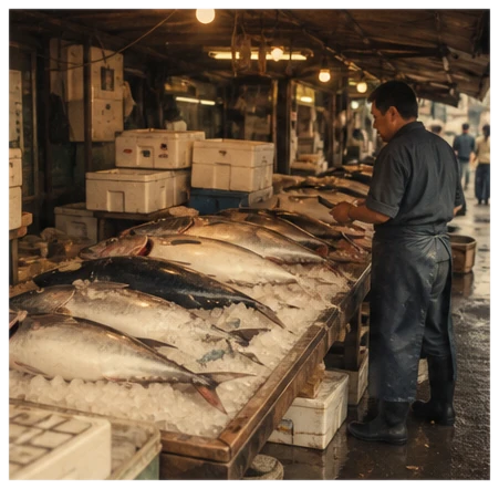 A fish-market stall with tuna and crushed ice