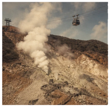 Steam venting from a bare volcanic hillside under a ropeway cable