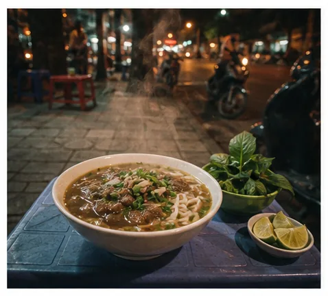 夜里人行道上小板凳矮桌上一碗冒热气的牛肉河粉
