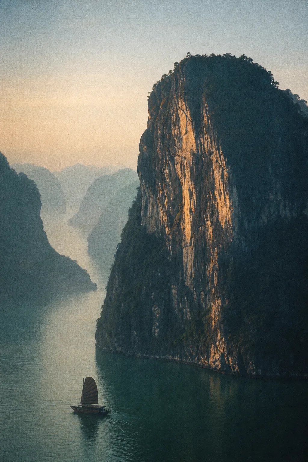 晨雾里从翡翠色水面拔起的石灰岩群岛,一艘帆船在前景