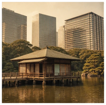 A wooden teahouse on a tidal pond under office towers