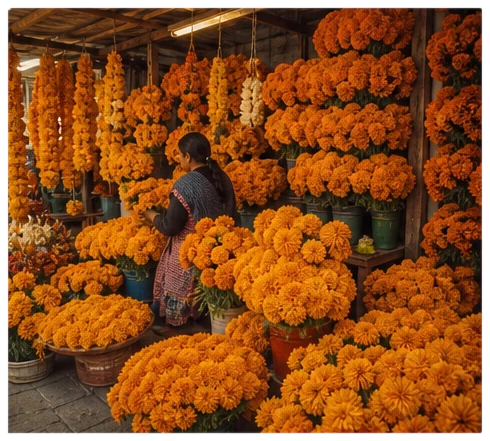A market stall built entirely of marigolds