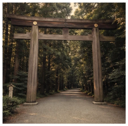 A plain wooden torii on a gravel path through dense forest